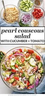 Pearl Couscous Salad With Cucumbers Tomatoes And Feta Recipe Couscous Recipes Healthy Couscous Salad Recipes Couscous Salad