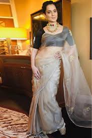 Youdesign Kangana Ranaut Chanderi And Organza Multi Work Saree In Grey Colour Kangana ranaut hot off saree show stills.