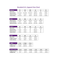 Standard U S Apparel Size Chart Free Download