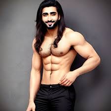 arabic men sexy without tshirt, full body, slim, long hair, smi... -  Arthub.ai