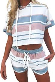 Amazon Com Women S 2 Piece Shorts Set Striped Outfits Crop Top Shorts Tracksuit Drawstring Hoodie Set Clothing Shoes Jewelry