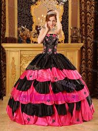 Black And Fuchsia Strapless Floor Length Taffeta Quinceanera Gowns With Layers