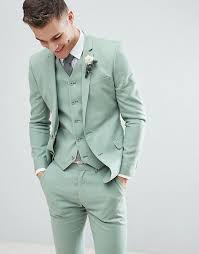 Shop the latest asos design wedding skinny suit jacket with square hem in navy trends with asos! Asos Zelenyj Lnyanoj Superoblegayushij Pidzhak Asos Design Wedding Green Wedding Suit Green Suit Men Wedding Suits Men