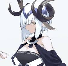Diablo has white hair, black eyes, birthmarks that look like tattoos and black horns like a devil. Anime Girl White Hair Horns Novocom Top