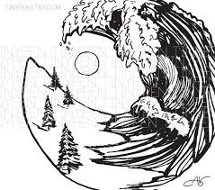 Wave And Mountain Side Yin Yang Wall Decor 8x10 Instant Printable Black And White Ocean Waves And Ocean Drawing Ink Drawing Drawings