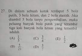 We did not find results for: Di Dalam Sebuah Kotak Terdapat 5 Bola Putih 3 Bola Hitam Dan 2 Bola Merah Jika Di Ambil 5 Bola Brainly Co Id