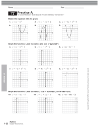 A coordinate plan is provided for each equation. Practice 1 2 Graphing In Vertex Form And Intercept Form