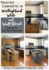 You don't want to miss this paint blowout sale today. Painted Kitchen Cabinets In Sherwin Williams Wall Street And Westhighland White Evolution Of Style Painting Kitchen Cabinets Oak Kitchen Cabinets Wall Color Kitchen Paint