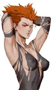 dudlesnoodles, garou (one-punch man), one-punch man, absurdres, bad id, bad  twitter id, highres, 1girl, armpits, arms behind head, arms up, black  bodysuit, blush, bodysuit, breasts, breasts apart, clenched teeth, colored  sclera, covered