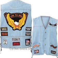 Washed Light Blue Denim Motorcycle Vest With 14 Biker Patches Lace Up Sides Mens Light Blue Denim Motorcycle Vest Biker