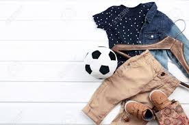 Baby Boy Clothing Set Blue T Shirt With White Stars Jeans Shirt Brown Shoes Pant Wish List Or Shopping Overview For Pregnancy And Baby Shower View From Above Banco De Imagens Royalty Free