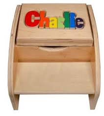 Some wooden name stool designs include sport, train, flower or princess puzzle pieces along with the puzzle letters of the child's name. Two Step Name Puzzle Stool With Primary Letters For That Occasion