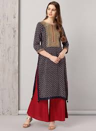 Navy Blue Long Print Embroidery Kurti Kurtas Kurtis