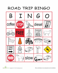 Play Road Trip Bingo 1 Worksheet Education Com Road Trip Bingo Road Trip Road Trip Activities
