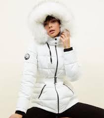 White Faux Fur Hood Belted Puffer Jacket New Look Guess hooded quilted puffer jacket with removable faux fur trim. white faux fur hood belted puffer jacket