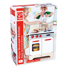 Kids kitchen set toys with cooking channel. White Gourmet Kitchen E3152 Hape Toys