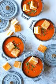 Creamy Tomato Soup With Grilled Cheese Croutons Recipe Mini Grilled Cheeses Grilled Cheese Bites Creamy Tomato Soup