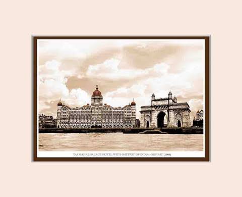 Old Vintage Bombay (Mumbai) Mounted Photo Frame of Taj Mahal Palace Hotel with Gateway of India Fine Art Print - Places posters in India - Buy art, film, design, movie, music, nature