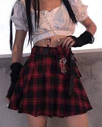 Black colors, bit messy and grungy. Plaid Skirt With Chain Pocket Bear Grunge Skirt Outfit Edgy Outfits Grunge Skirt