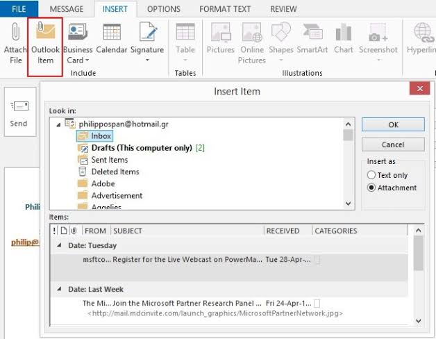 The Insert Item dialog box in Outlook, AI generated