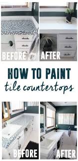 See more ideas about countertops, bathroom countertops, painting countertops. How To Paint Tile Countertops And Our Modern Bathroom Reveal Tile Countertops Diy Tile Countertops Diy Countertops