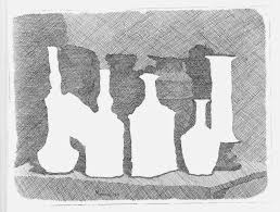 Grande natura morta con undici oggetti in un tondo. Still Life Of Vases On A Table By Giorgio Morandi