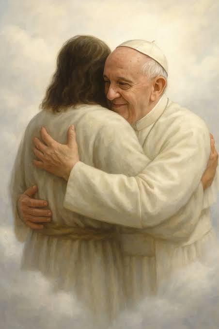 Il cammino verso la Luce” Un'immagine toccante che racconta, in silenzio,  la dolcezza dell'incontro tra Papa Francesco e Gesù. In questo abbraccio  senza parole, e poi lungo il sentiero di nuvole e