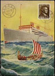 S S Stavangerfjord Kort Med Tegnet Hoyformat Med Vikingmotiv Bruktv1952 Scandinavian Art Ship Paintings Art