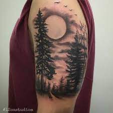 Work In Progress Black And Grey Forest Nature Scene Trees Moon Sky Tattoo By Jose Bolorin Nature Tattoo Sleeve Moon Tattoo Tattoos
