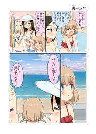 3girls bangs beach bikini black hair blonde hair blue bikini blue eyes clara girls und panzer closed eyes clouds cloudy fantasy girl anime military tank girl