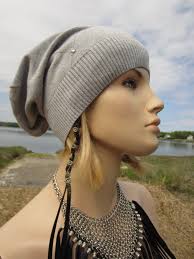 Summer Slouch Beanie Gray Hat BOHO Slouchy Baggy Back Grey PIMA Cotton With  Crystals A1155
