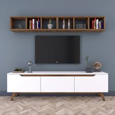 Rani D1 Duvar Rafli Kitaplikli Tv Unitesi Duvara Monte Dolapli Ahsap Ayakli Tv Sehpasi Beyaz Ceviz M7 Living Spaces Interior Home