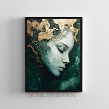 Impression de femme abstraite verte, art mural portrait de femme moderne,  peinture effet feuille d'or, dessin au trait visage minimaliste,  téléchargement numérique