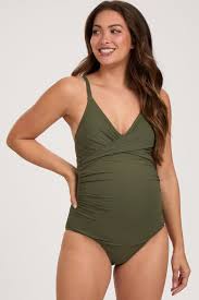 Olive Ribbed V-Neck Ruched Back Cut-Out One Piece Maternity Swimsuit –  PinkBlush