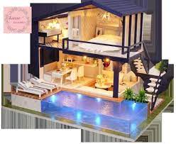 Diy Miniature Dollhouse Kit Diy Dollhouse Craft Kit Dollhouse With Light House With Pool In 2021 House Dollhouse Kits Tiny Furniture