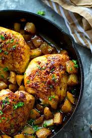 Skillet Honey Garlic Chicken Thighs With Roast Potatoes Recipe Honey Garlic Chicken Thighs Pan Seared Chicken Thighs Honey Garlic Chicken