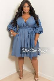New Plus Size Faux Wrap Short Dress With Puffy Sleeves And Attached Tie In Denim Wrap Dress Short Chic And Curvy Plus Size Outfits