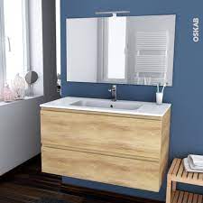 Ensemble meuble de salle de bain et vasque 100cm : Ensemble Salle De Bains Meuble Ipoma Bois Plan Vasque Resine Miroir Et Eclairage L100 5 X H58 5 X P50 5 Cm Oskab