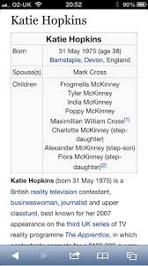 But hopkins didn't wallow and quickly found a new path in life. Marc Burrows On Twitter The Wikipedia Page For Katie Hopkins Is Inspired Bravo Internet Bravo Http T Co Ovwwwc9vts