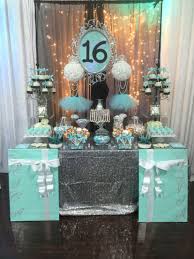 Birthday Blue Black And Silver Party Decorations Turquoise White And Black With Silver Accents Candy Buffet With Silver Dusted White Ganache Macaro Sweet 16 Decorations Sweet Sixteen Parties Sweet 16 Themes