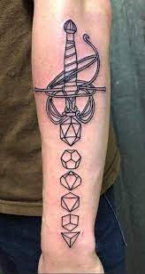 Dungeons And Dragons Tabletop Polyhedral Poly Dice Rapier Sword Forearm Tattoo Dice Tattoo Gaming Tattoo Nerdy Tattoos