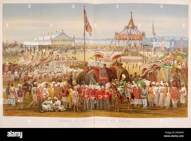 Crowd and procession of elephants at the Delhi Durbar event to celebrate Queen Victoria taking the title Empress of India. January 1st 1877. . The History of the Imperial Assemblage at Delhi.