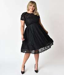 Plus Size 1940s Style Black Lace Short Sleeves Cocktail Swing Dress Plus Size Formal Dresses Plus Size Cocktail Dresses Pattern Dress Women