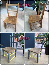 Child S Antique Oak Chair Upcycle Before After Using Grey Chalk Paint And Bright Yellow Gloss Highlight Upcycle Chair Childrens Chairs Furniture Restoration