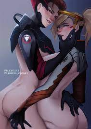 2d 2girls areolae ass blizzard entertainment blush breasts  cleavage female female only jojoploy mercy moira overwatch yuri 
