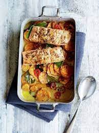 Asian Salmon Sweet Potato Traybake Recipe Salmon Recipes Salmon And Sweet Potato