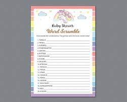 Word Scramble Game Printable Baby Shower Games Rainbow Etsy Printable Baby Shower Games Baby Shower Printables Baby Shower Wording
