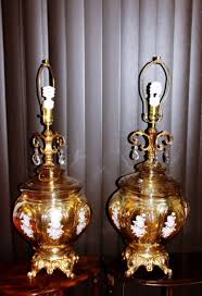 Vintage Pair Of Falkenstein Iridescent Amber Glass Electric Table Lamps Rose Brass Base Lights 3 Ways Four Tear Drop Crys Vintage Table Lamp Amber Glass Lamp