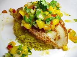 Pan Seared Cream Dory With Mango Salsa Over Curried Rice Cream Dory Dory Fish Recipe Mango Chicken Recipes