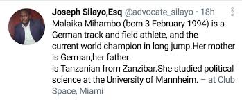 Malaika mihambo is a german athlete, and the current world champion in long jump. Joseph Silayo Esq A Twitter Here Goes Malaika Mihambo A World Champion In Long Jump Her Father Is From Zanzibar Tanzanian What If We Were Having A Duo Citizenship Like Kenyans Will It Be